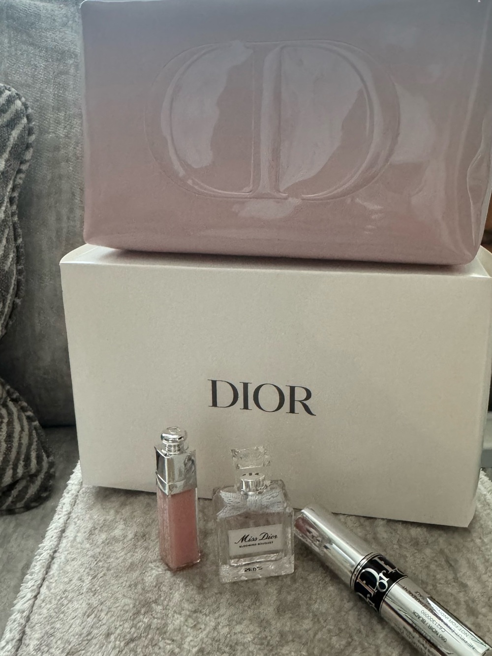 Dior Mini Makeup Set with Pink Gloss, Silver Mascara, and Miss Dior Mini